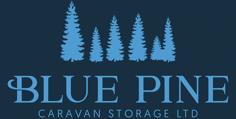 Logo with blue pine trees and text.